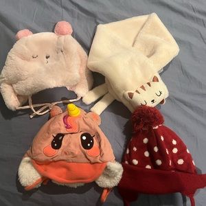 Three cute toddler hats and one scarf